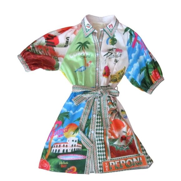 Tropical Print Button Up Shirt Dress with Belt Size L - Picture 1 of 15